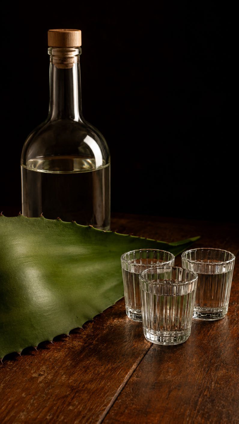A bottle of mezcal with three glasses on a wooden table